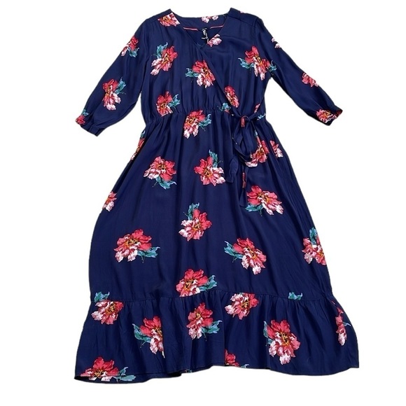 Joules Dress Women's 16 Plus Blue Floral Long Sleeve Maxi V-Neck NWT - Picture 4 of 17